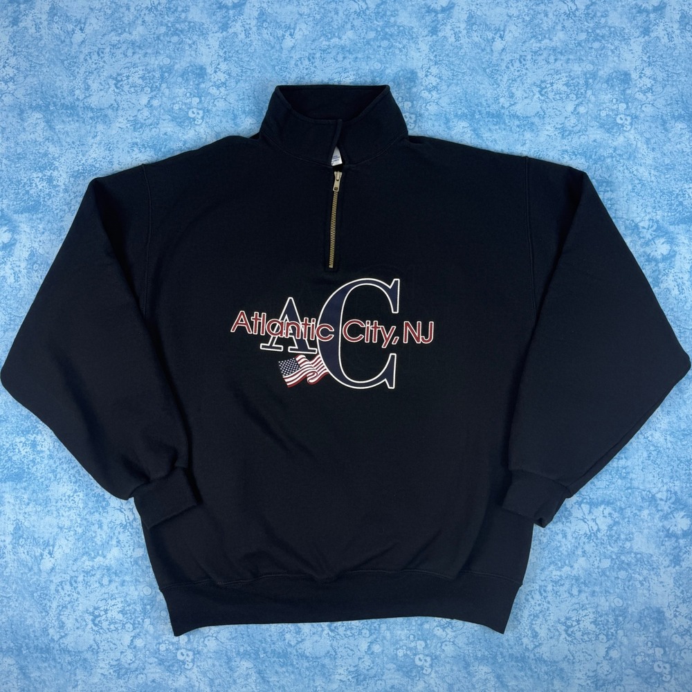 Jerzees Super Sweats Atlantic City NJ Quarter Zip Sweatshirt Black Mens Large